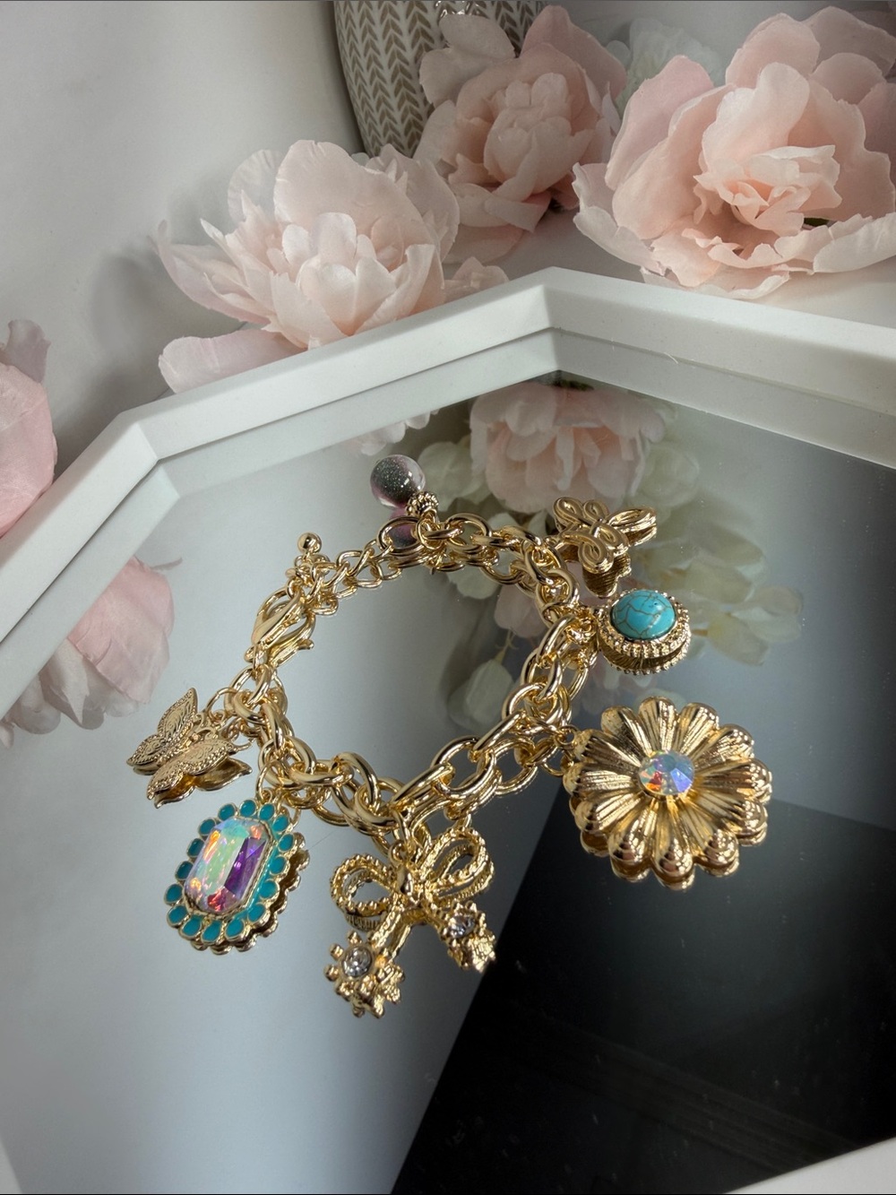 Gold-Tone Turquoise & Crystal Charm Bracelet - Women Jewelry